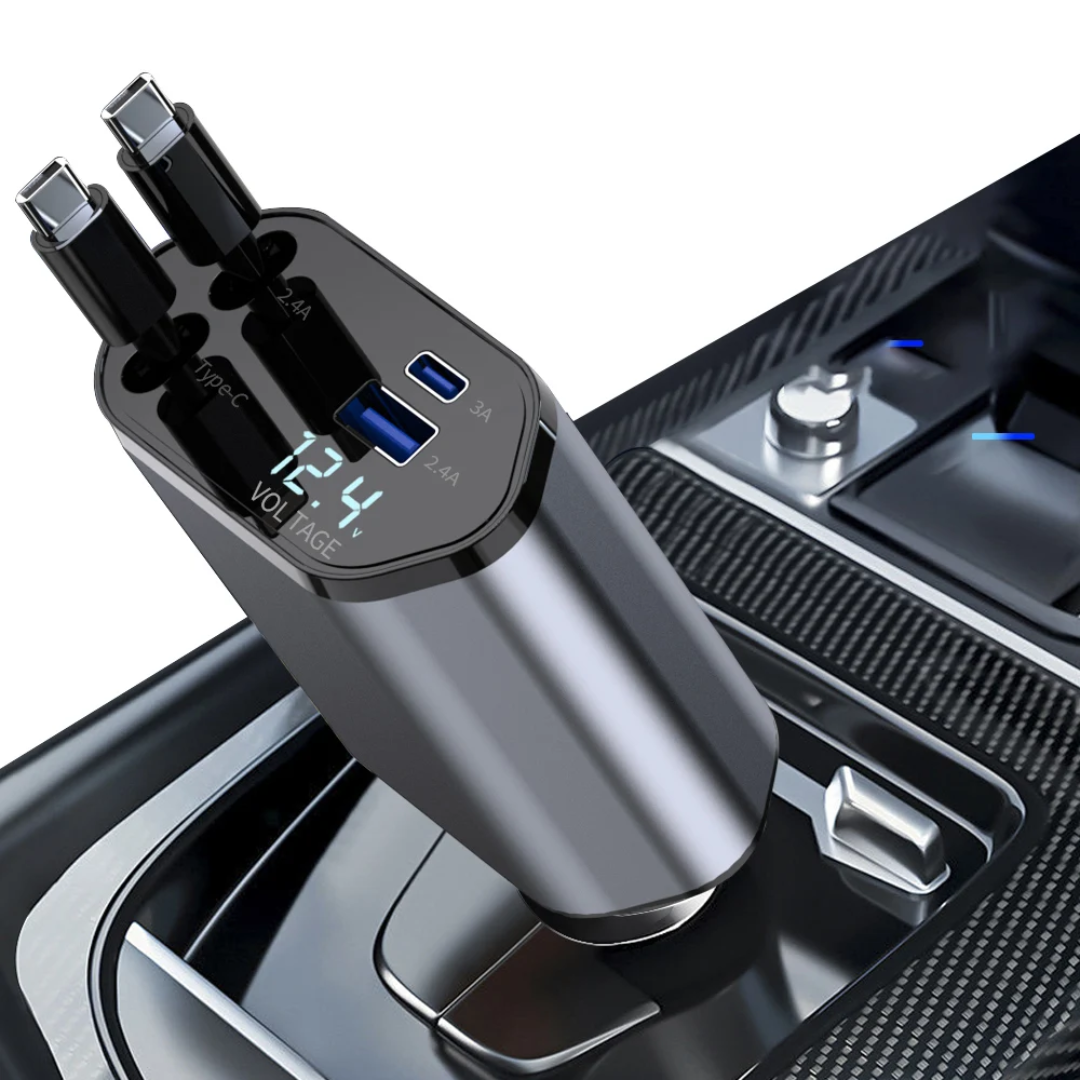4-in-1 Retractable Car Charger – Fast Charging with Digital Voltage Display