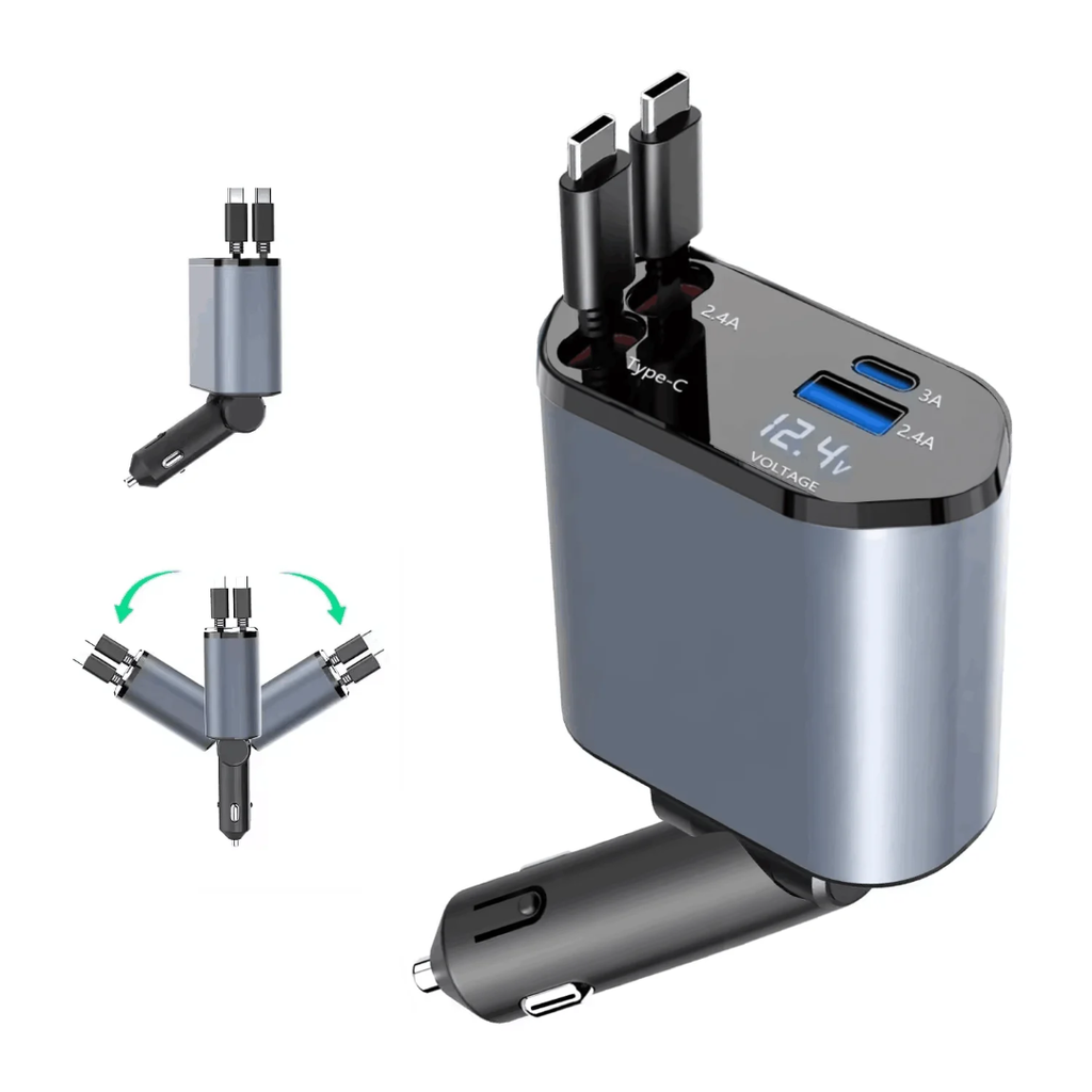 4-in-1 Retractable Car Charger – Fast Charging with Digital Voltage Display