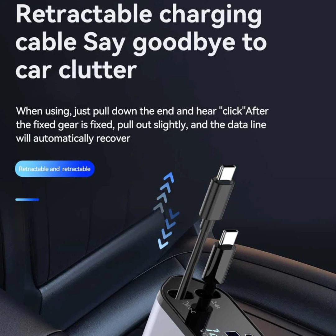 4-in-1 Retractable Car Charger – Fast Charging with Digital Voltage Display
