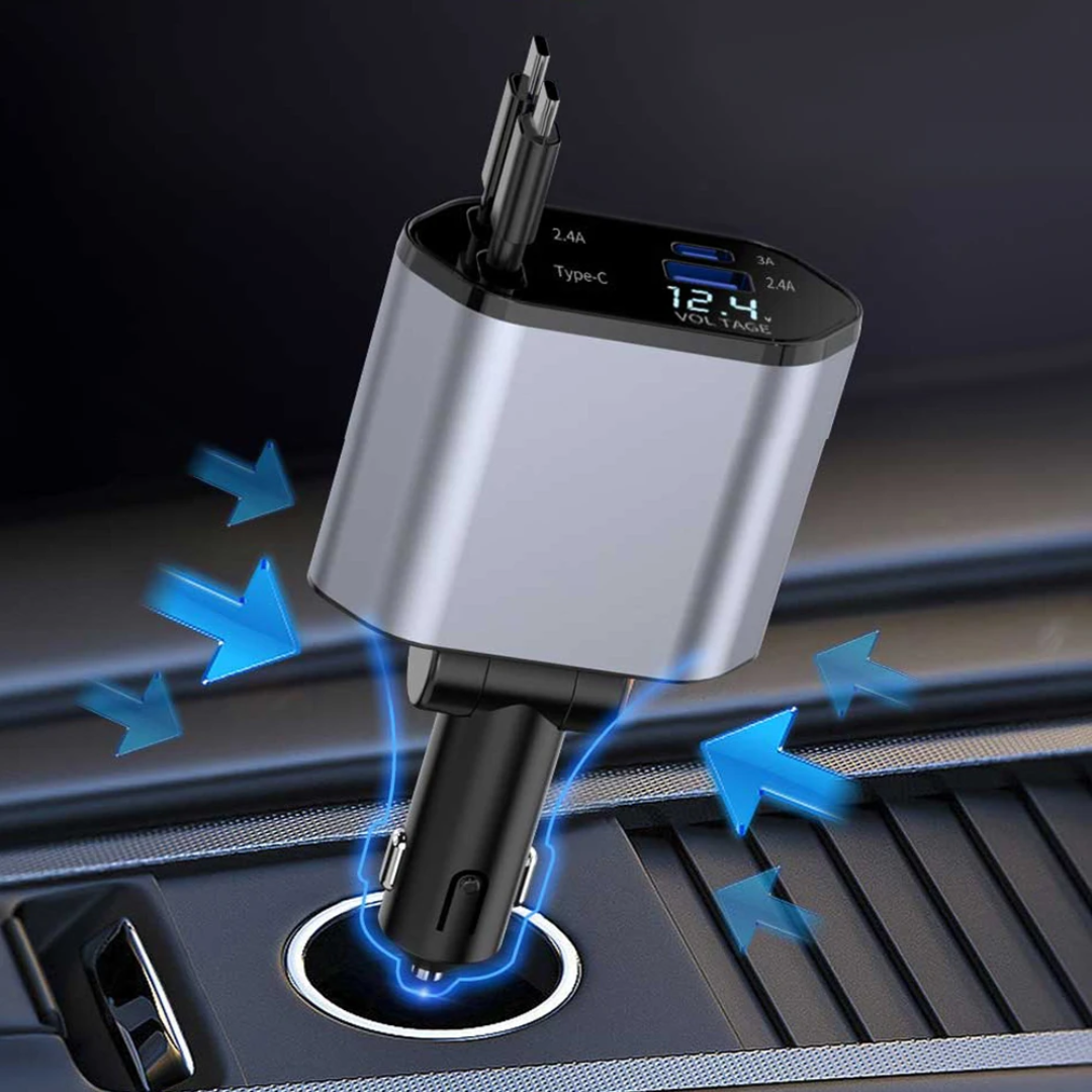 4-in-1 Retractable Car Charger – Fast Charging with Digital Voltage Display