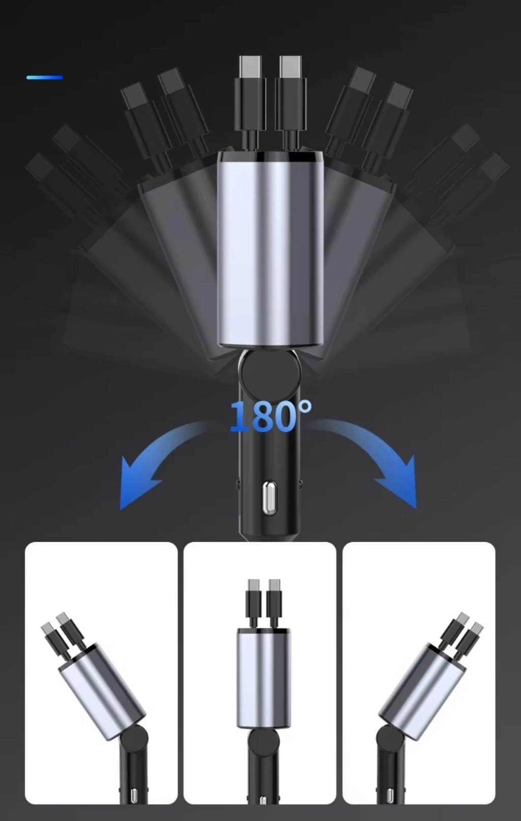 4-in-1 Retractable Car Charger – Fast Charging with Digital Voltage Display