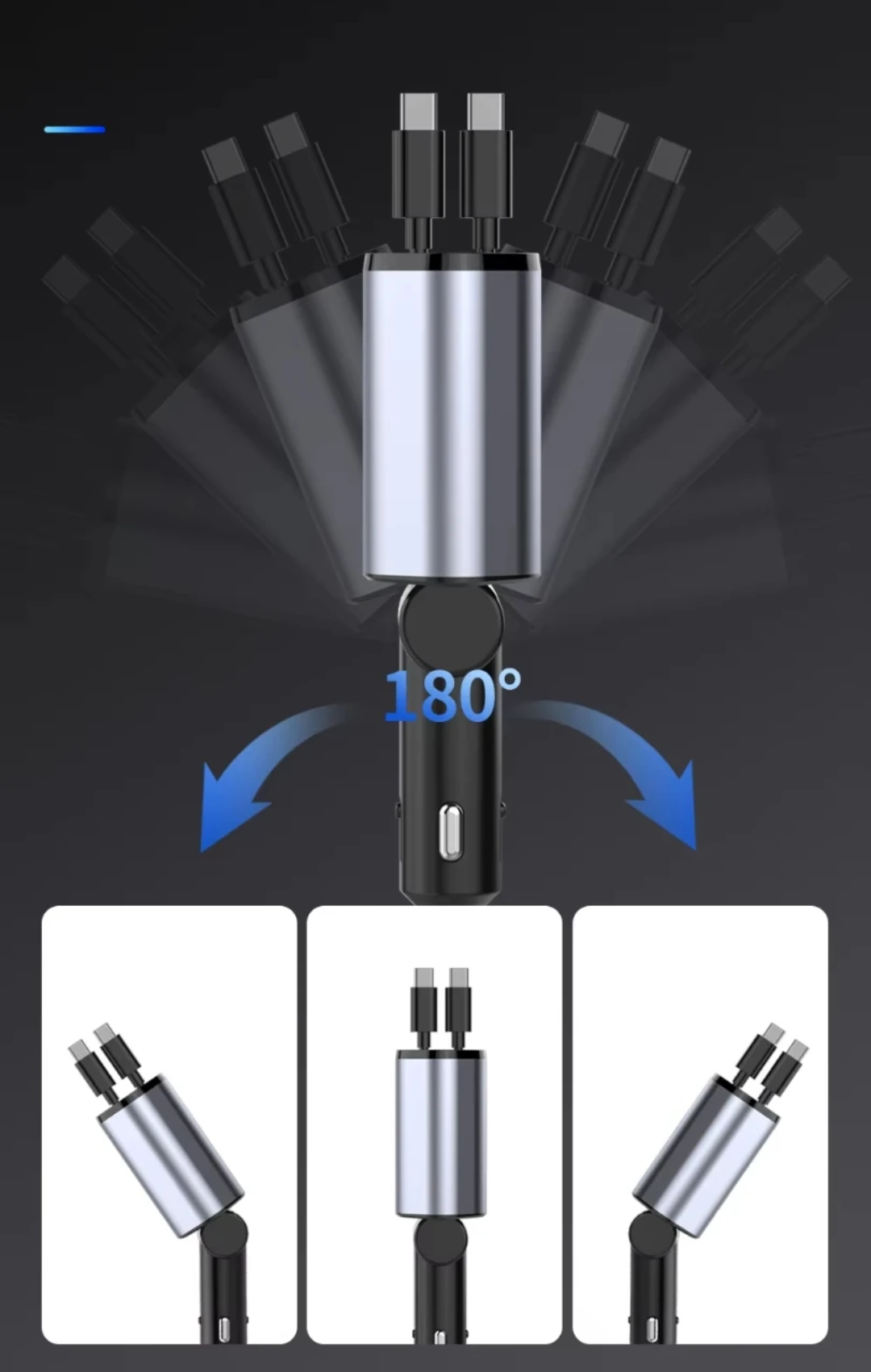 4-in-1 Retractable Car Charger – Fast Charging with Digital Voltage Display