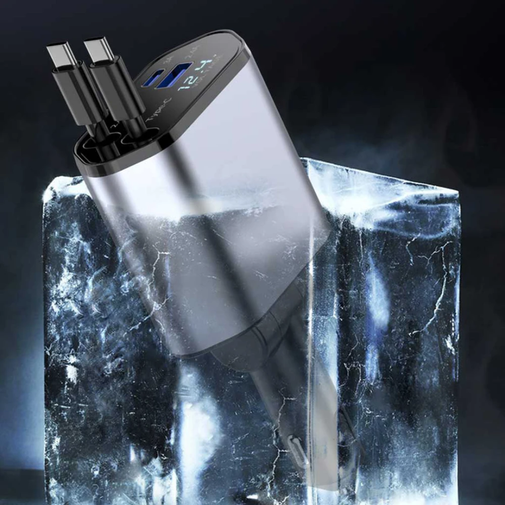 4-in-1 Retractable Car Charger – Fast Charging with Digital Voltage Display