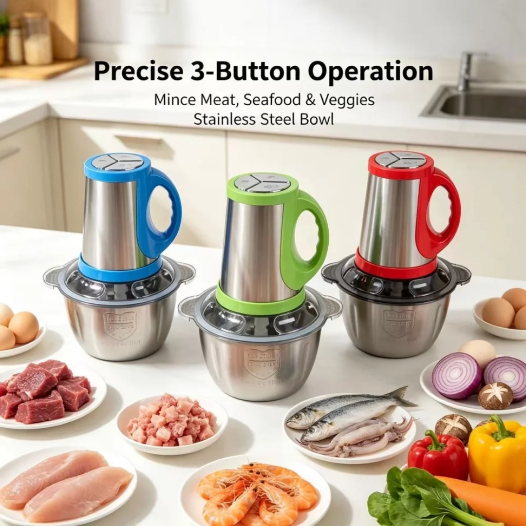 3-Button Stainless Steel Electric Food Chopper & Mincer